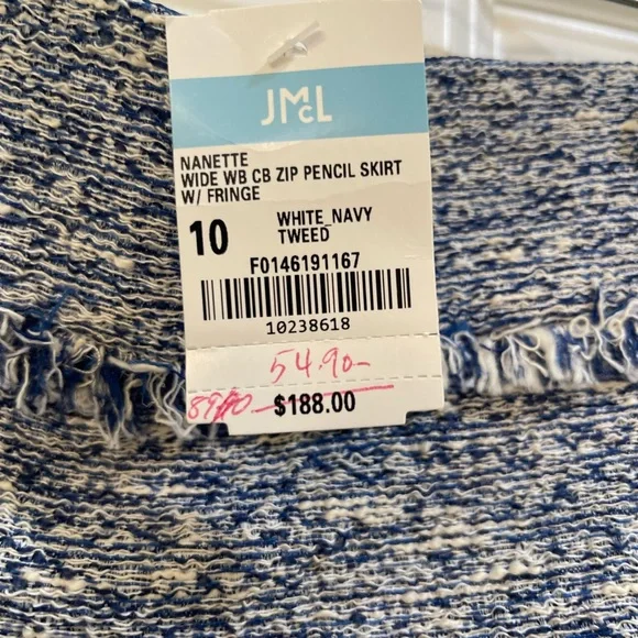 J. McLaughlin pencil skirt with Fringe white/ navy tweed size 10 NWT - Picture 2 of 3